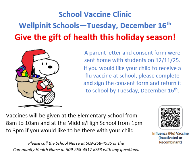 Flyer about school vaccine clinic with QR code to sign permission form